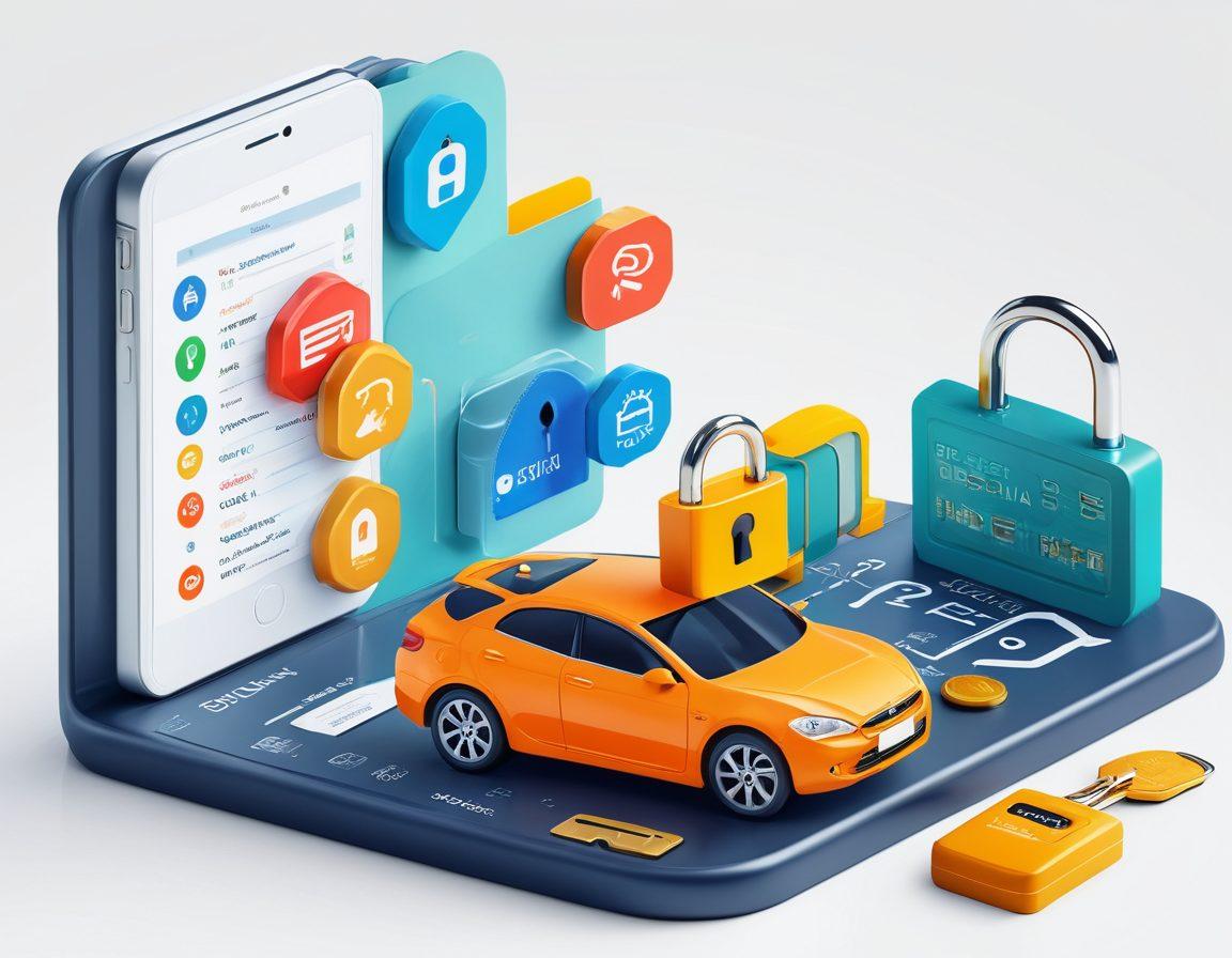 A visually engaging illustration of a car key unlocking a digital padlock made of insurance icons, symbolizing access to affordable auto insurance. Surrounding elements include a checklist of coverage options, coins showing different premium rates, and a friendly character studying a roadmap of insurance choices. The background features a vibrant city scene to represent the journey ahead. Vector art. vibrant colors. white background.