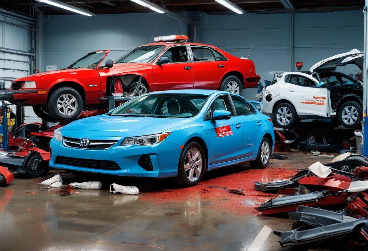 A split image depicting two scenarios: on one side, a damaged vehicle in a collision scene with emergency responders, while on the other side, a mechanic carefully examining a pristine car in a well-lit workshop. Include icons symbolizing insurance options and maintenance tools around each scene. The background should blend the chaotic energy of an accident with the calmness of vehicle care. vibrant colors. modern infographic style.