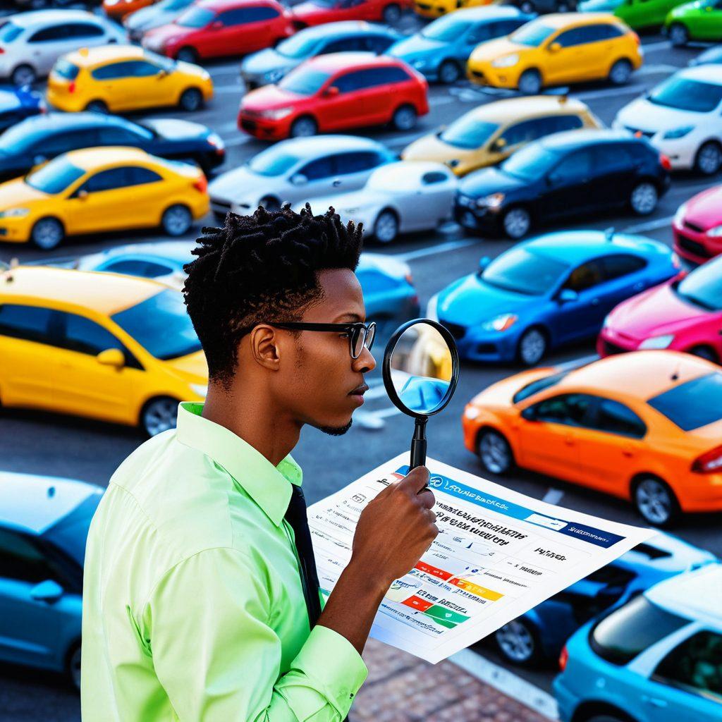 A visual representation of a person analyzing auto insurance quotes, surrounded by various car icons, price tags, and a magnifying glass overlay to signify scrutiny. The background should include a vibrant cityscape with cars in motion, showcasing modern lifestyle and mobility. Incorporate elements of savings, like discount signs and calculator graphics, to emphasize the theme of finding better premiums. super-realistic. vibrant colors. white background.